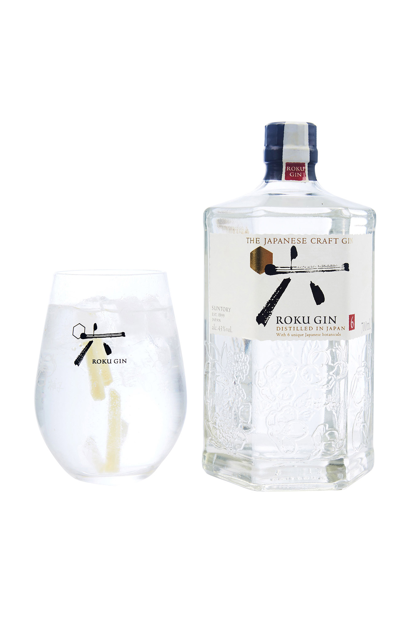 Product Catalog Photography - Bottle of Roku Gin with a glass next to it - Mount Studio